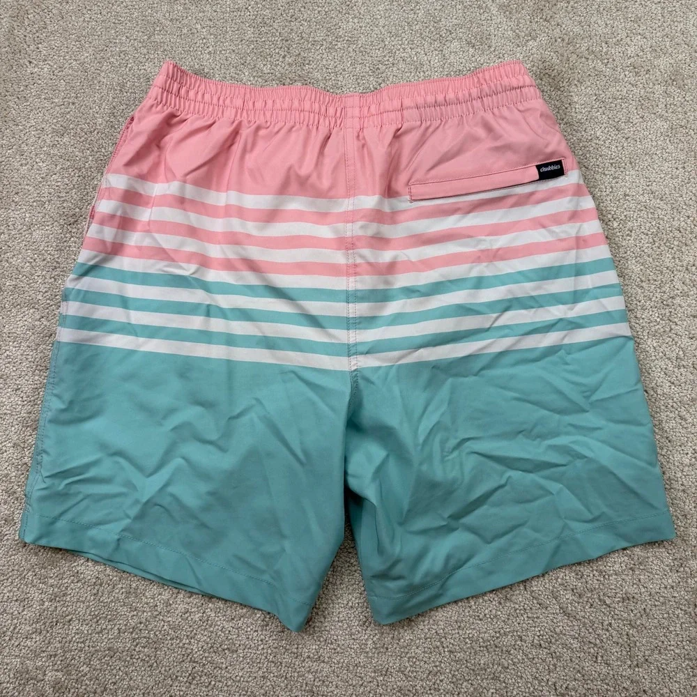 Chubbies Mens Large Swim Trunks Pink Teal Striped 7 Inch Inseam Shorts